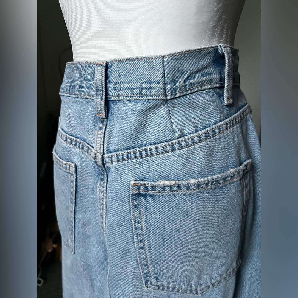 ZARA Light Wash Denim Distressed Hem Straight Midi Maxi Front Slit Cotton Skirt - Picture 10 of 16